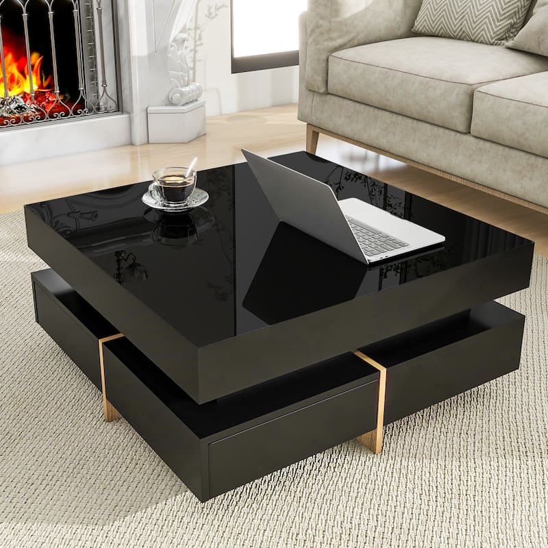 Roomfitters Modern High Gloss Square Coffee Table, Multi-Storage Center Table with Hidden Compartments and Wood Grain Legs