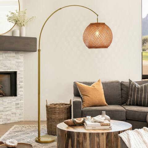 77" 1-Light Antique Brass Gold Arc Floor Lamp with Hand-woven Bamboo Shade