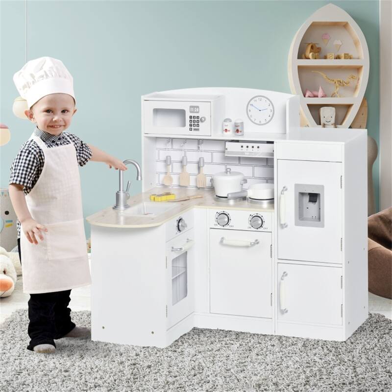 Kids Wooden Corner Kitchen Playset with Sink Stove Refrigerator and Accessories White Silver Pretend Cooking