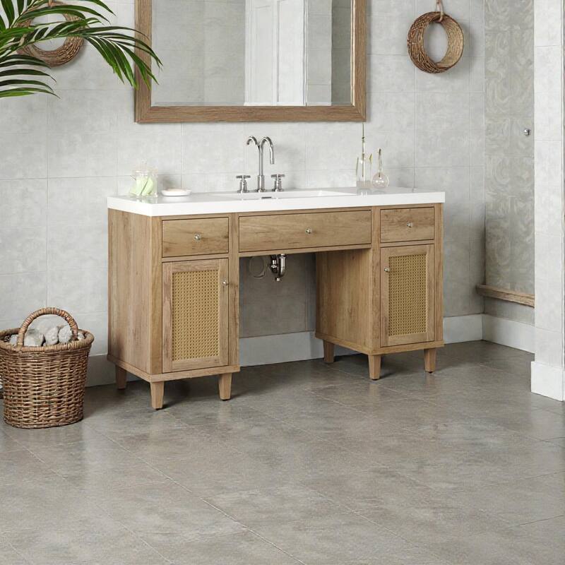 60" Bathroom Vanity with SMC Sink, Freestanding Single Sink Cabinet with Soft-Close Drawers, Tip-Out Tray & Rattan Doors