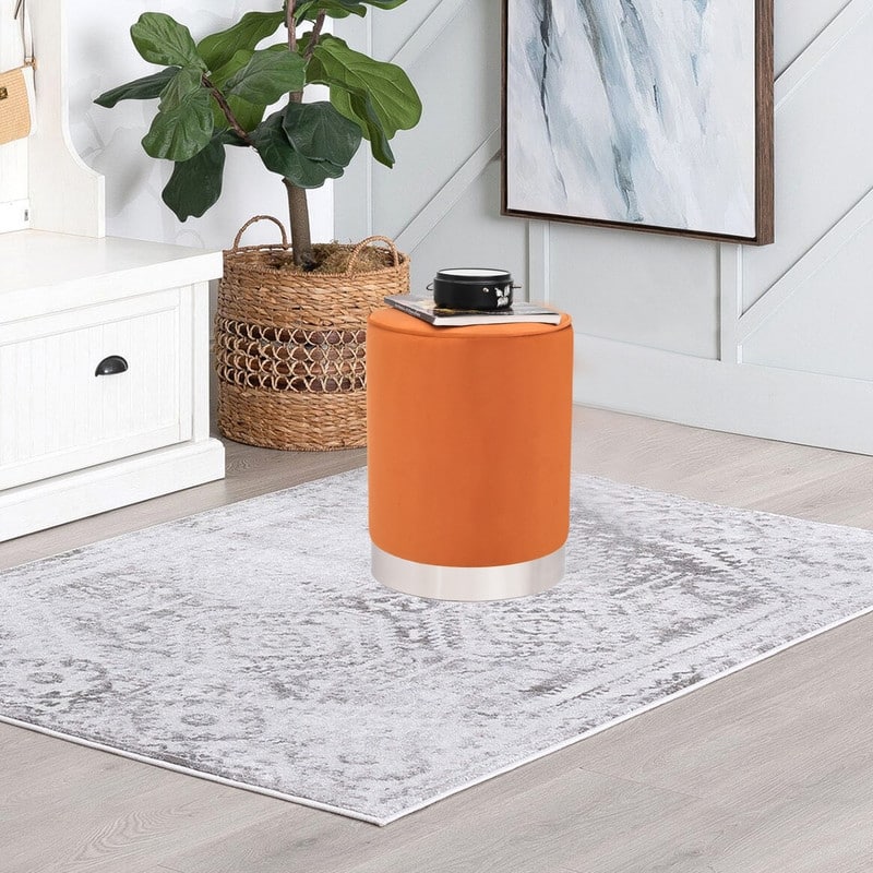 Adeco Round Ottoman Footstool Velvet Padded Vanity Stool Silver Trim