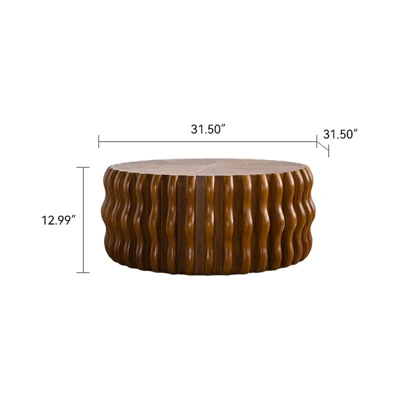 Drum Fluted Round Coffee Table Modern Circle Center Coffee Tables with Complex Grooved Gear Design and Sturdy Pedestal
