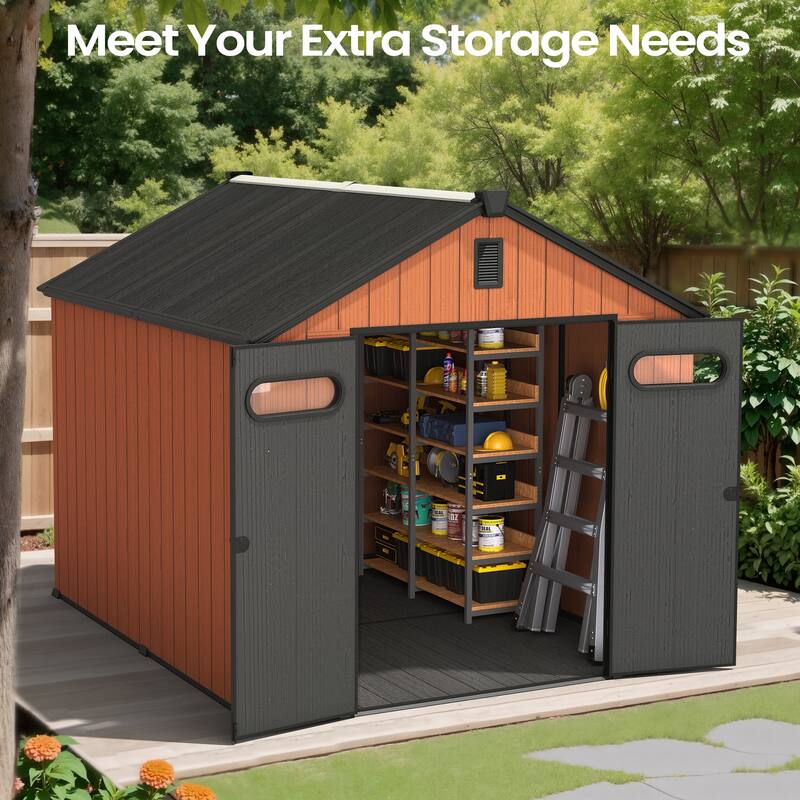 VredHom 8X8/8X10/8X12 FT All-Weather Outdoor Resin Storage Shed with Windows Floor for Patio Furniture and Tools