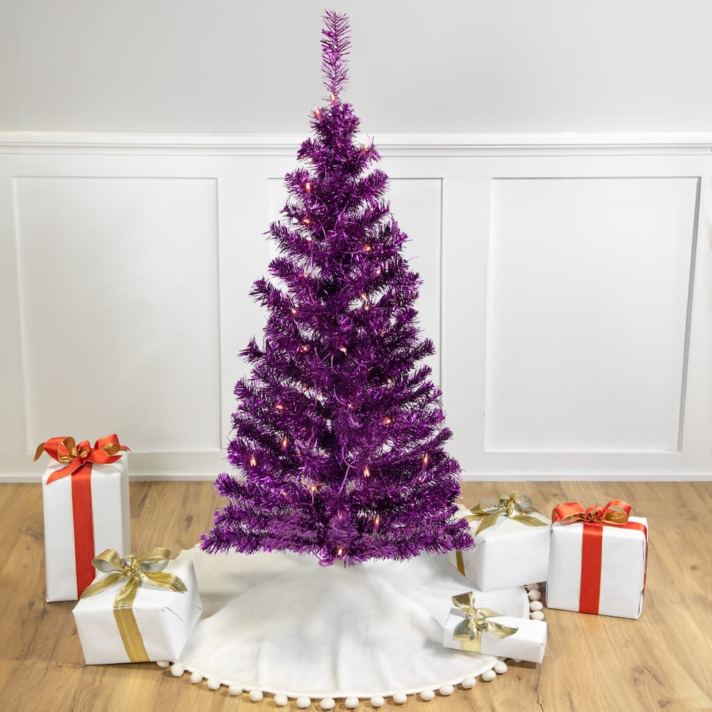 4' Purple Tinsel Artificial Christmas Tree- Clear Lights, Purple Wire - 4 Foot