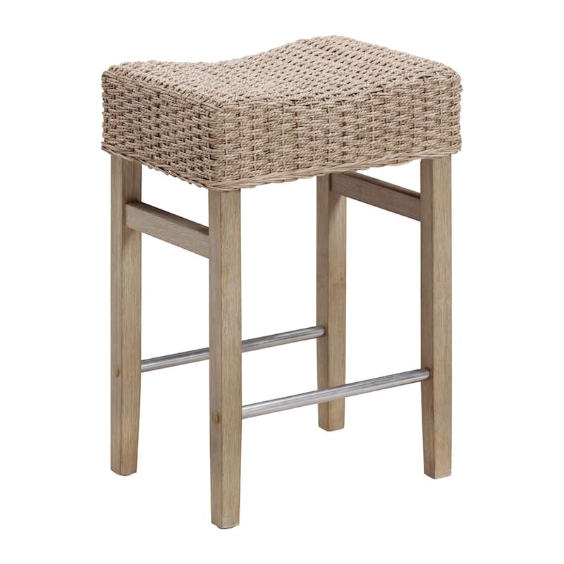 Harvey Rattan Bar Stool, Bohemian Counter Height Stool with Woven Seagrass Seat, Solid Wood Legs, and Metal Footrest
