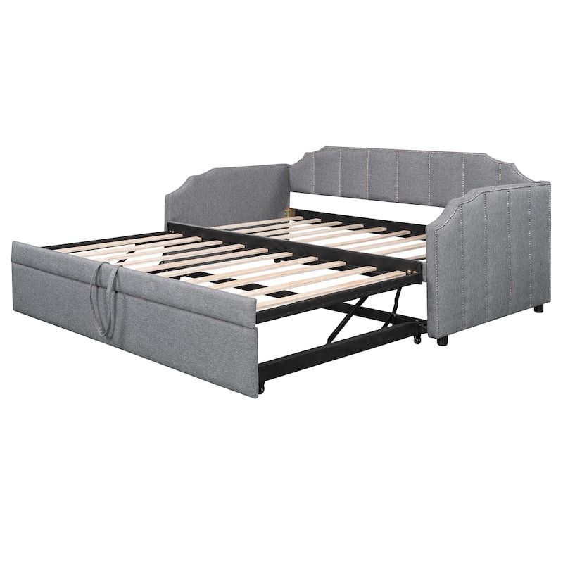Twin Upholstered Daybed with Pop-Up Trundle, USB Charging Ports, Convertible Sofa Bed