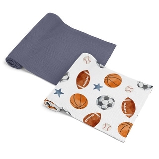Sweet Jojo Designs Sports Theme Boy 2 Pack 100% Cotton Muslin Baby Swaddle Receiving Blankets - Solid Blue, Vintage Sport Themed