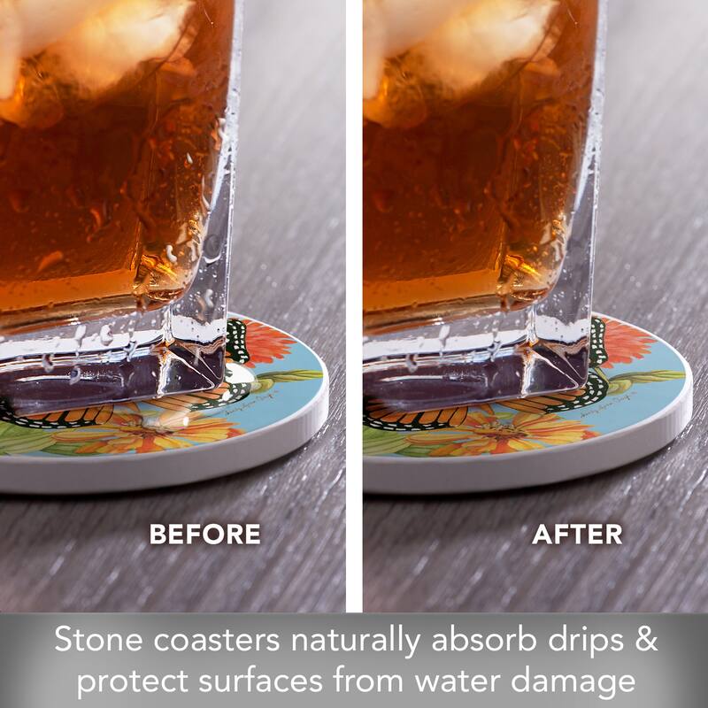 CounterArt Beautiful Monarch Absorbent Stone Tumbled Tile Coaster Set of 4 Made in The USA Protective Cork Backing