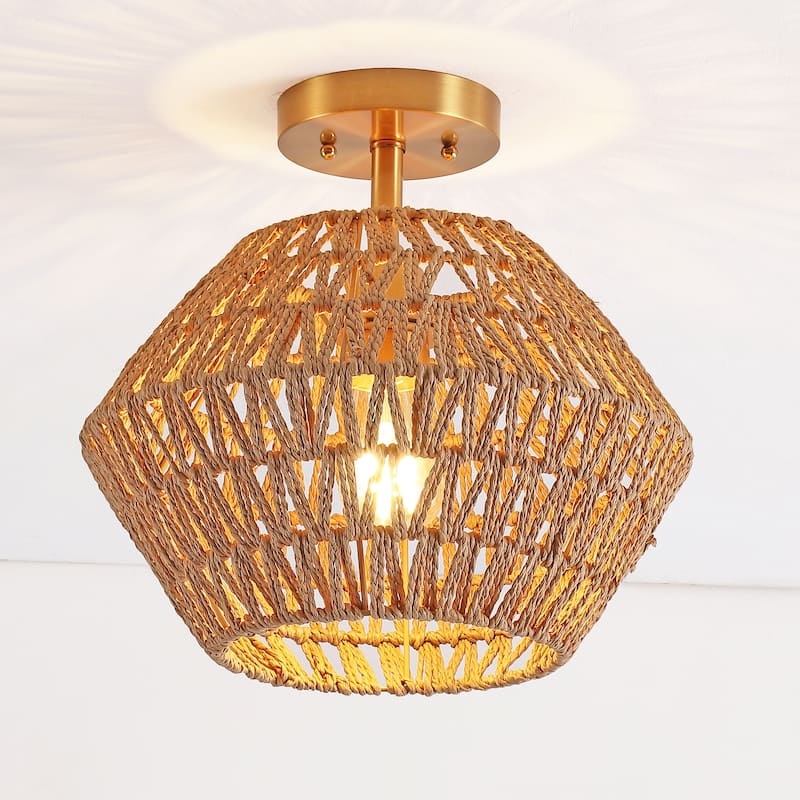 SAFAVIEH Lighting Kevser 12" Flush Mount - 12" x 12" x 14"- withD/H - Natural/Gold - 14Wx14Dx13H