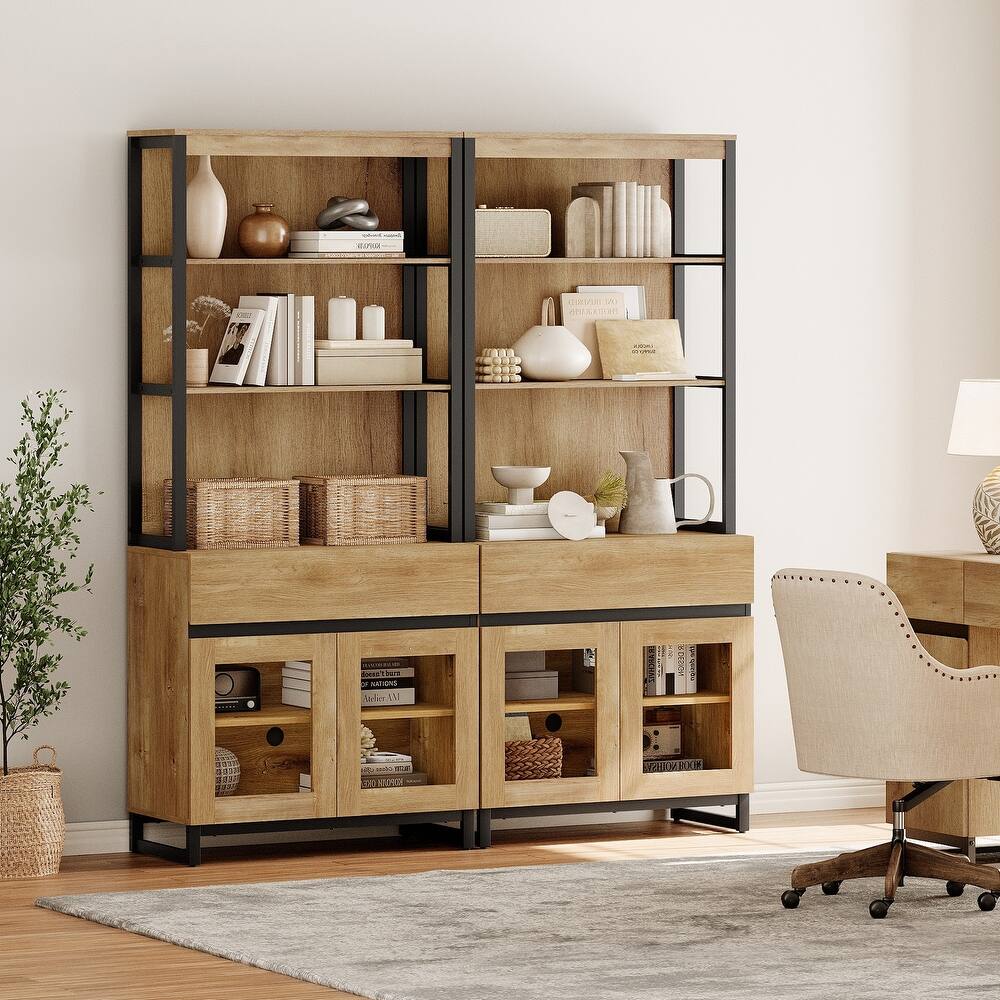 2 PCS Modern 72" Tall Buffet Cabinet with 2 Drawers and Open Shelves, Storage Cabinet for Dining Room or Kitchen
