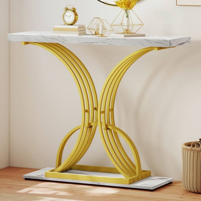 Modern Gold Console Sofa Table with Marbling Top for Entryway Hallway