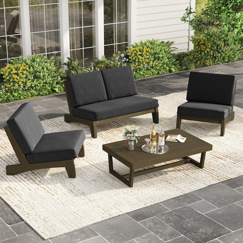 4Piece Wood Outdoor Loveseat Chair Conversation Set with Table Cushion - Natural Wood - Dark Grey