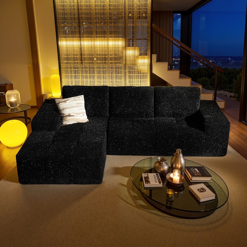 HOOOWOOO Modern Sparkly Velvet Fabric Chaise Sofa Couch - Black