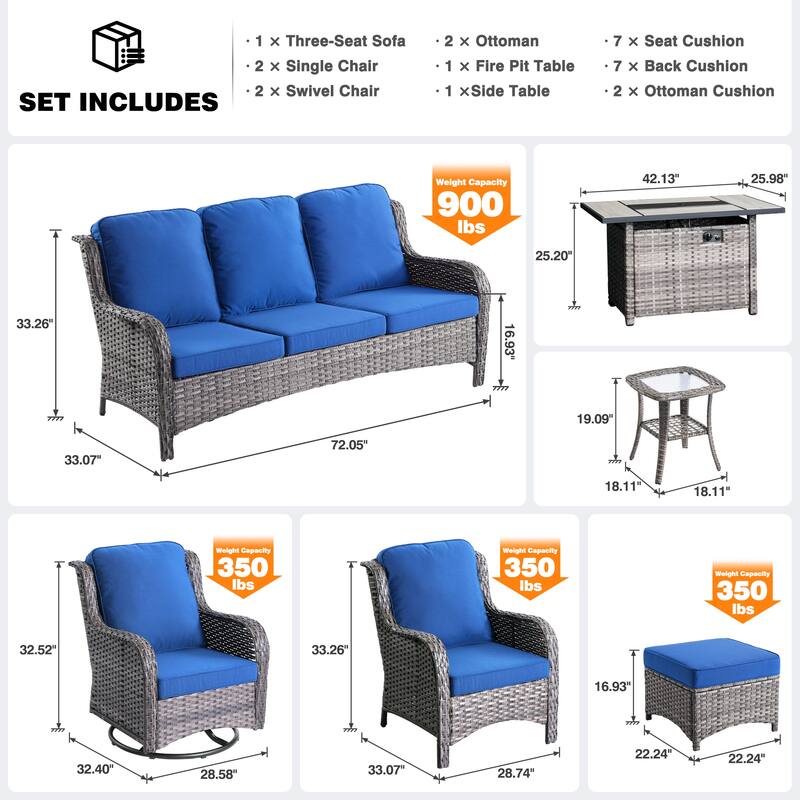 OVIOS 9-piece Patio Wicker Swivel Rocking Chair Set With Fire Pit