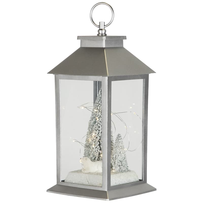 LED Lighted Polar Bear and Flocked Trees Christmas Lantern - 11"