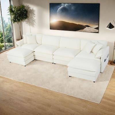 143.31" Chenille Upholstered U-Shaped Modular Sectional Sofa with Double-Layer Cushions, DIY Combination