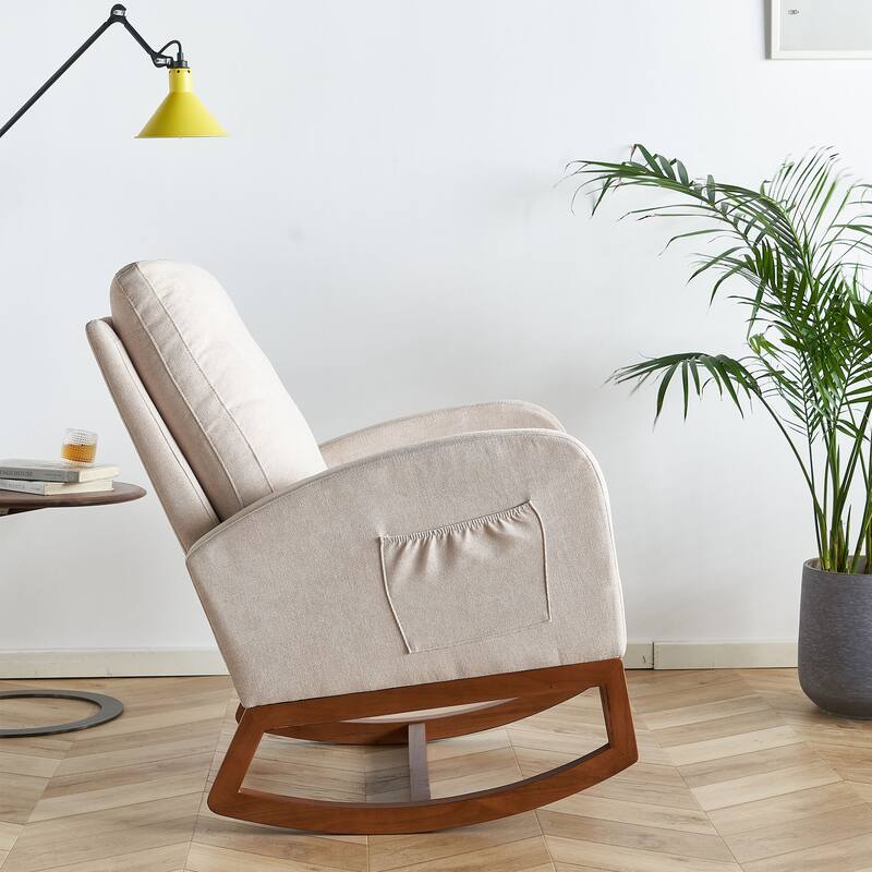 Glider Rocking Chair with Thick Padded Seat, Lounge Armchair with Side Pocket, High Back Sofa Chair with Wood Base