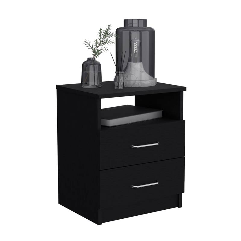 Black Nightstand with Two Drawers and One Shelf, 19.9\