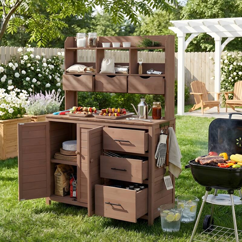 Roomfitters Garden Potting Bench with Storage Hutch, Outdoor Potting Table with 6 Drawers and Cabinets, Shelves
