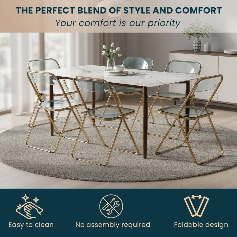 Lawrence Modern Foldable Transparent Acrylic Folding Dining Chair with Accent Gold Chrome Frame for Home Living and Dining Room