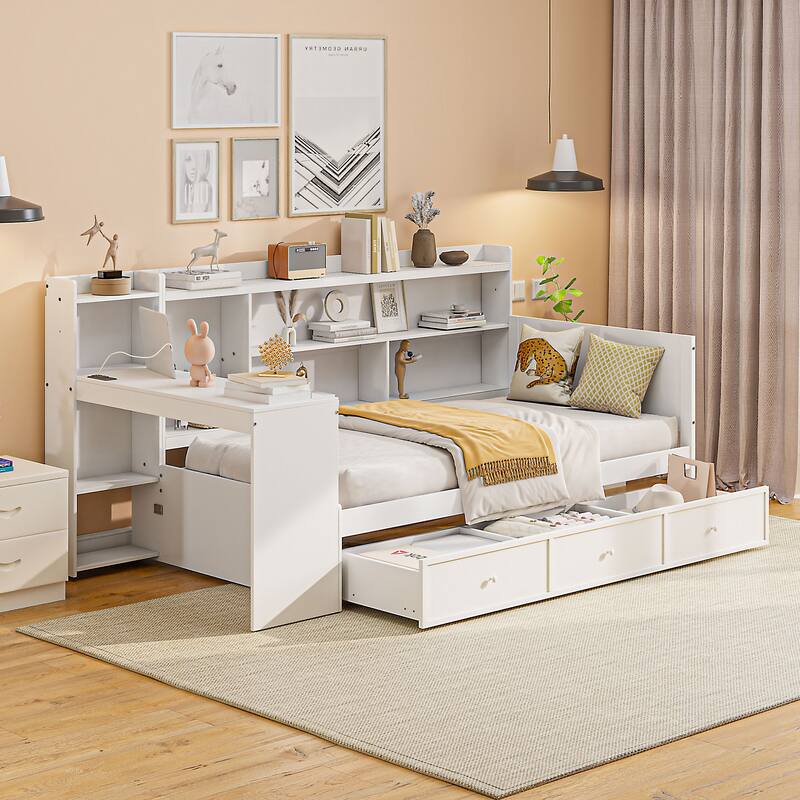 White Twin Size Wooden Daybed with Drawers, USB Ports, and Desk - White