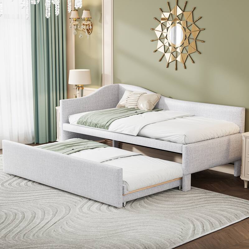 Twin Size L-Shaped Upholstered Daybed with Pull-Out Trundle, Linen Fabric, Convertible to Irregular King