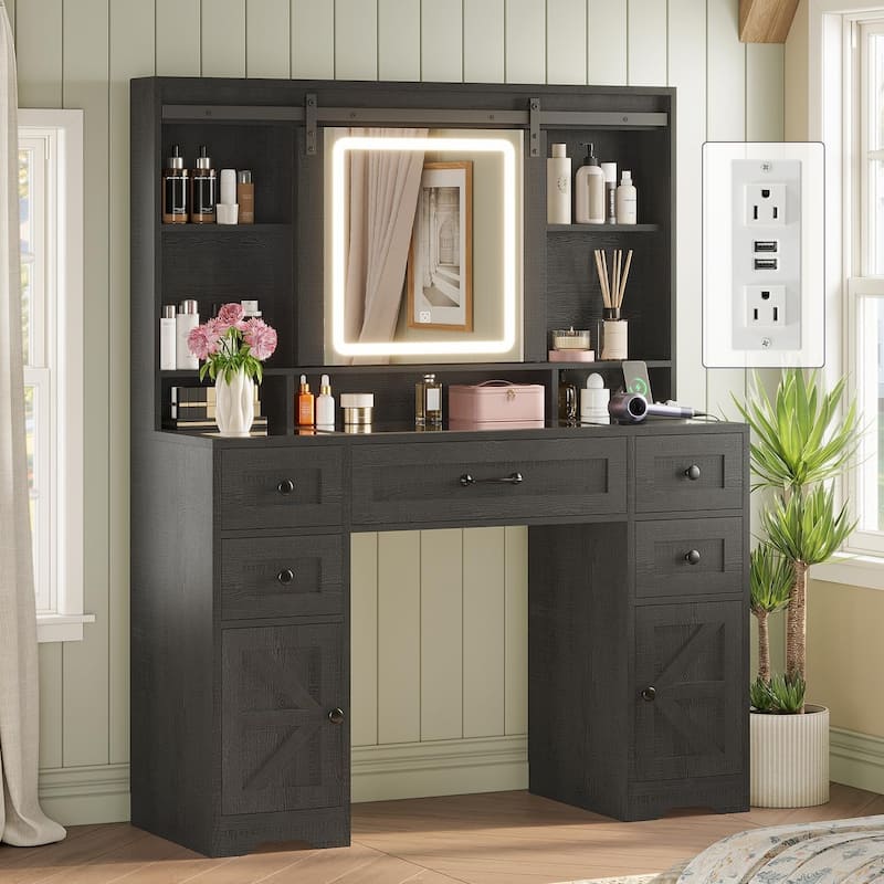Vanity Desk Barn-Door Sliding Mirror & Power Outlet Glass Top - Black