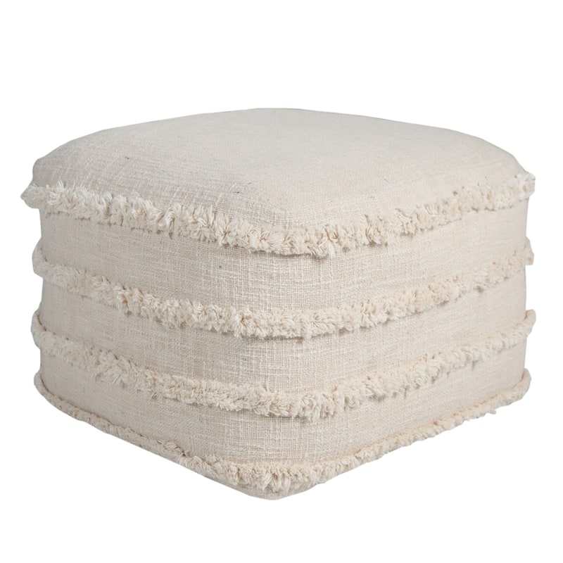 18" Beige Solid Texture and Striped Square Pouf Ottoman
