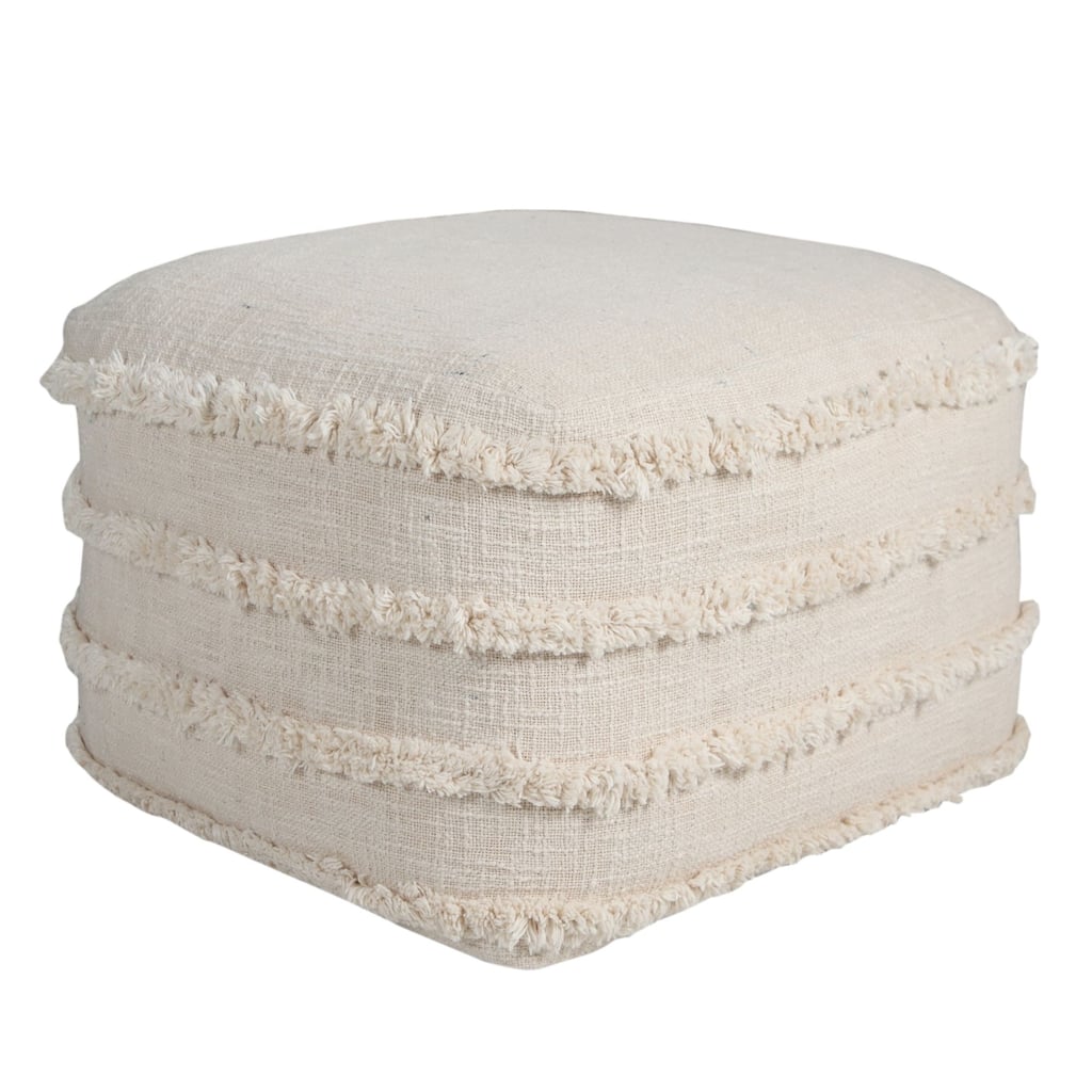 18" Beige Solid Texture and Striped Square Pouf Ottoman