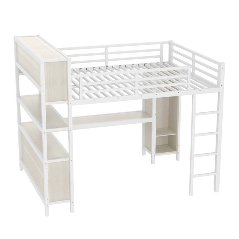 Queen Size Heavy Duty Metal Loft Bed with Wardrobe & L-shaped Desk, Multi-functional Storage Bed Frame with Cubes & Shelves