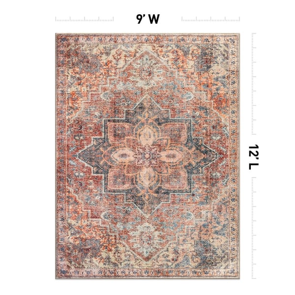 dimension image slide 2 of 17, Floral Medallion Washable Rug – Low Pile, Non-Slip, Ideal for Entryway, Living Room, and Bedroom