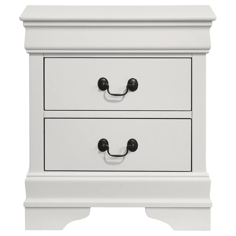 White Transitional 2-Drawer Nightstand with Molded Trim, Bracket Feet, Hanging Pulls and Smooth Glide Drawers