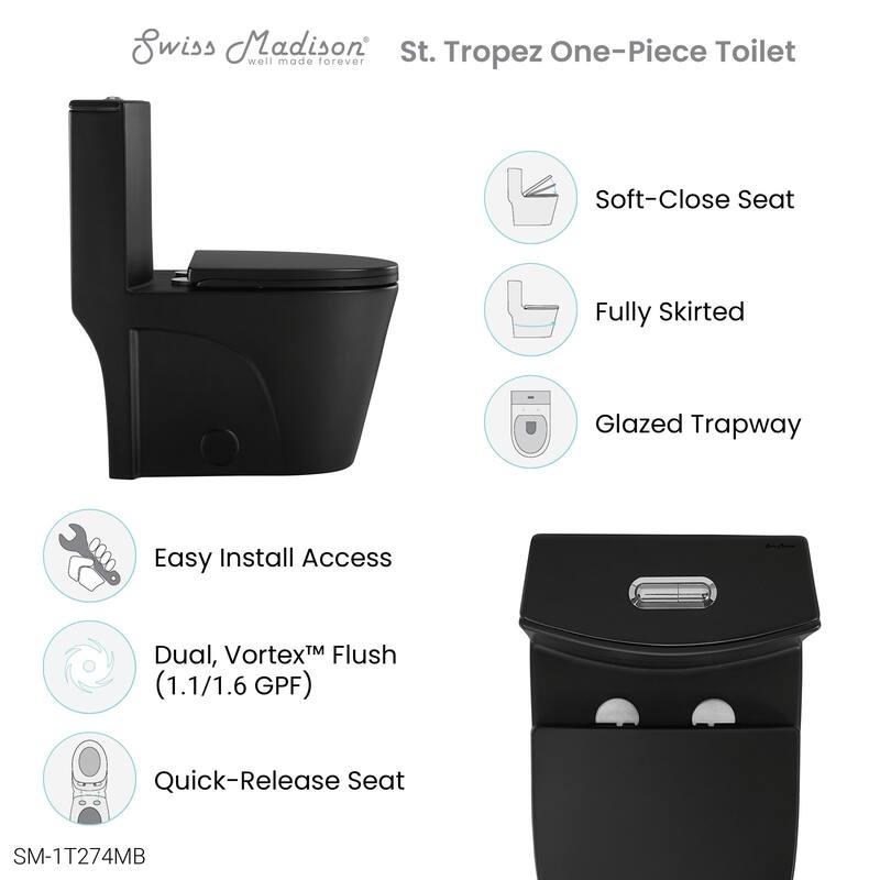 St. Tropez One Piece Elongated Toilet Dual Vortex Flush 1.1/1.6 gpf with 10" Rough In