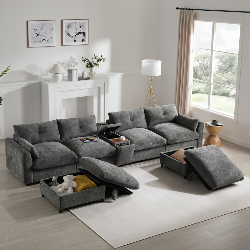 131" & 142" U-Shaped Modular Sectional Sofa - 6-Seat Chenille Couch with Ottoman, USB Charger, Cup Holder, Wide Seat, 2 Sizes