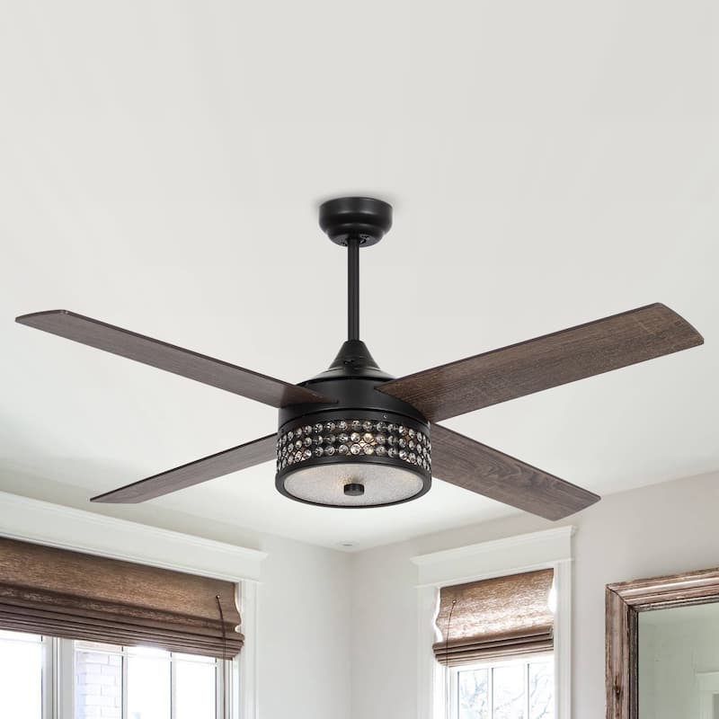 52-inch Matte Black Plywood 4-Blade Crystal Ceiling Fan with Remote - 52-in