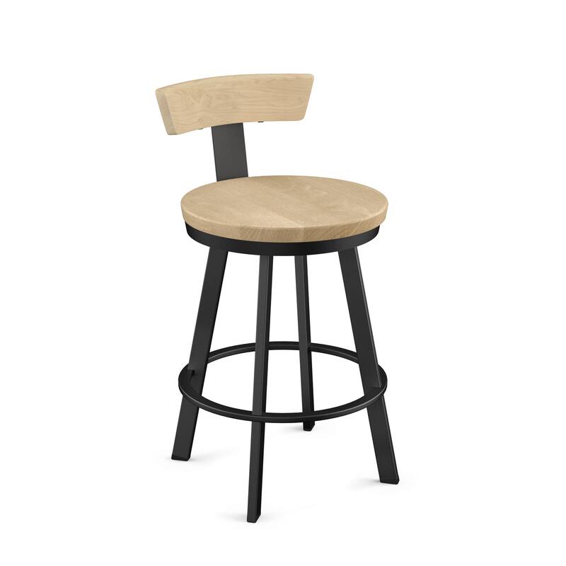 Amisco Astrid 26 in. Swivel Counter Stool with Solid Wood Seat and Backrest - Natural Birch Wood / Black Metal