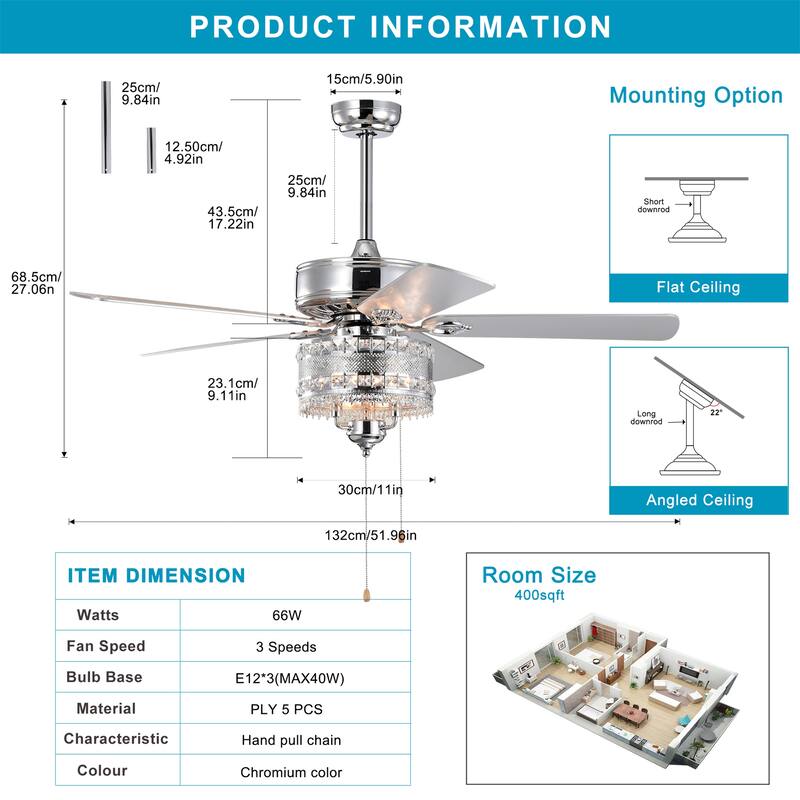52'' Classical Crystal Ceiling Fan Lamp
