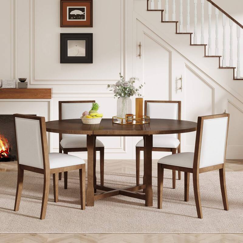 Farmhouse Extendable Dining Table Set Upholstered Chair 5-piece
