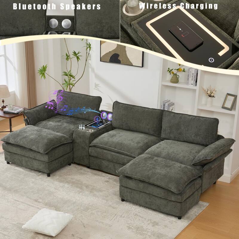 U-Shaped Chenille Modular Sofa with Bluetooth Speakers, Wireless Charging, Storage Console, 2 Cup Holders & Movable Ottoman