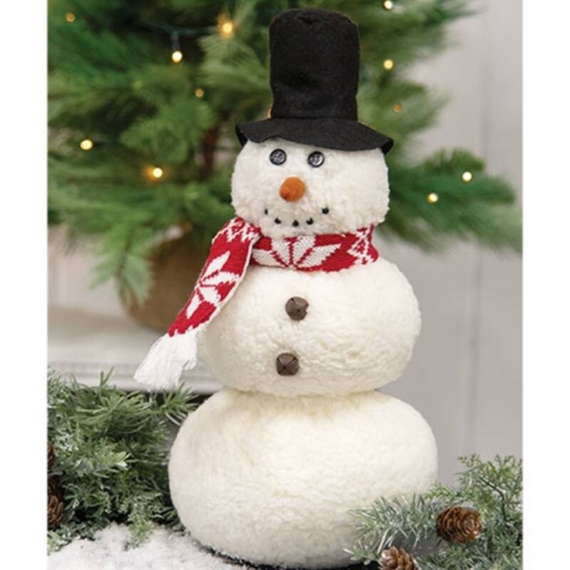 14" Sherpa Snowman with Rusted Jingle Bells and Top Hat Festive Winter Tabletop Christmas Decoration - 14" H x 6.5" W x 5.5" D