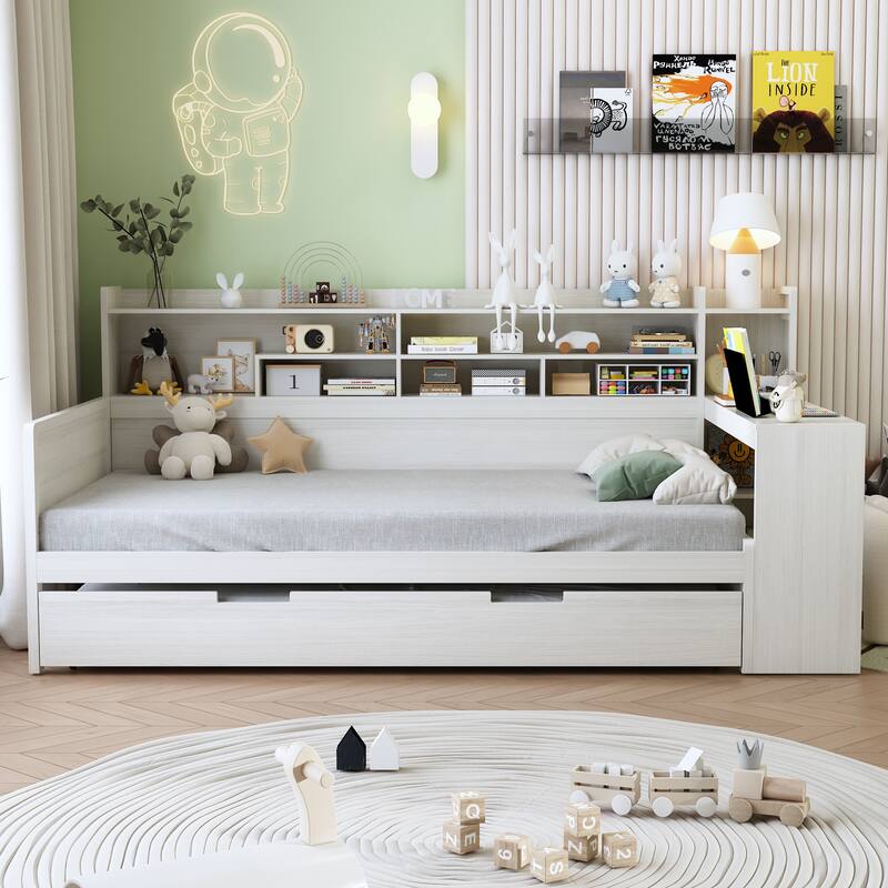 Space-Saving Twin/Full Size Daybed with Trundle and Study Desk, Wooden Platform Bed with Storage Shelves