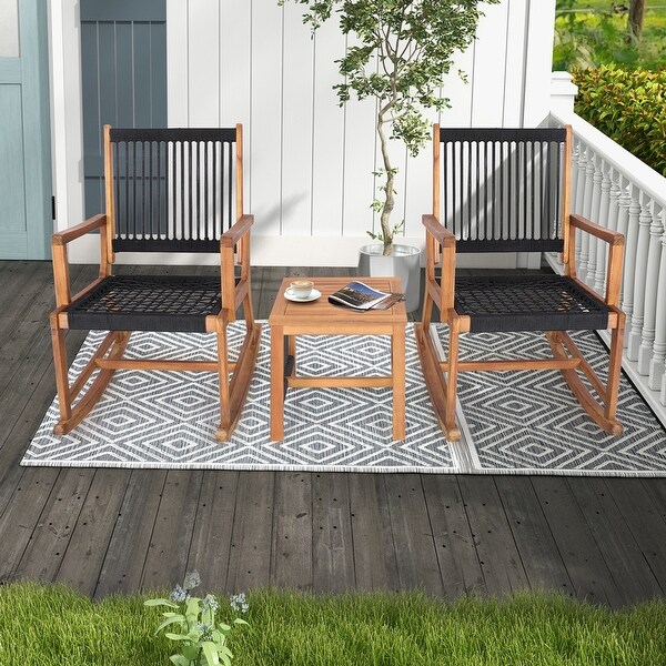costway acacia wood rocking chair patio garden lawn w cushion