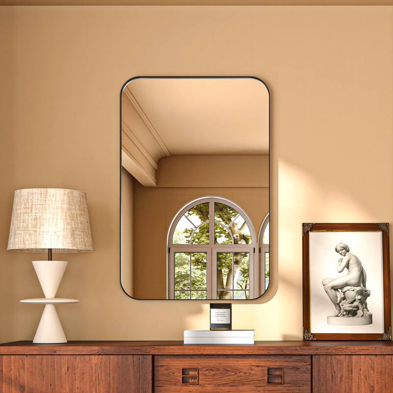 Organnice Rectangular Aluminum Framed Modern Rounded Wall Mount Mirror