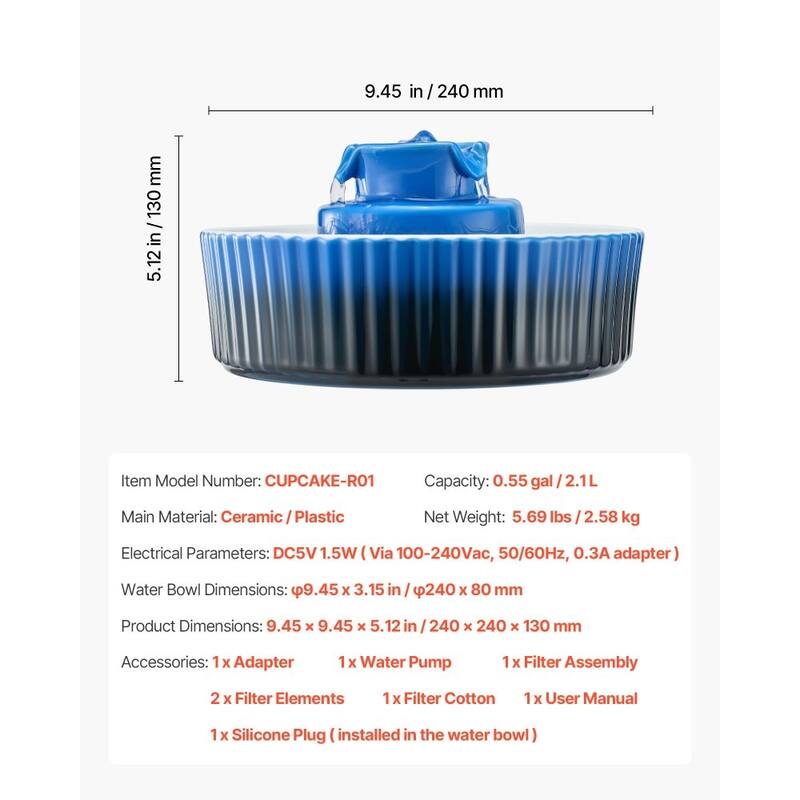 Blue Ceramic Pet Water Fountain 2.1L with Quiet Pump and Dual Filter - 9.45 x 9.45 x 5.12 in