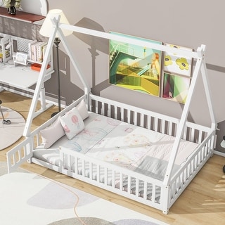 Full Tent Floor Bed with Guardrails and Door Teepee Design Wooden Frame with Slats