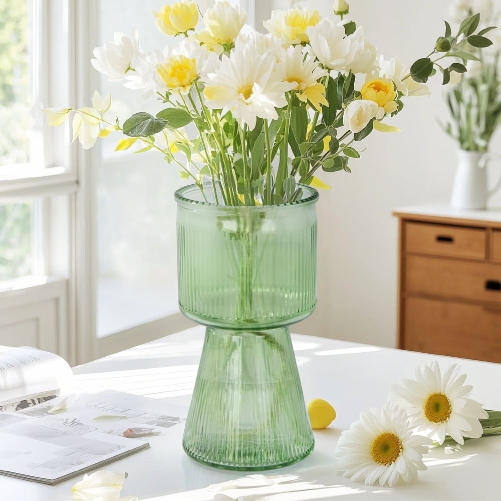 Javlergo Torch Shape Textured Glass Vase Green/Gray/Clear Modern Vase for Home Office Decor Indoor Outdoor & Holiday Gift