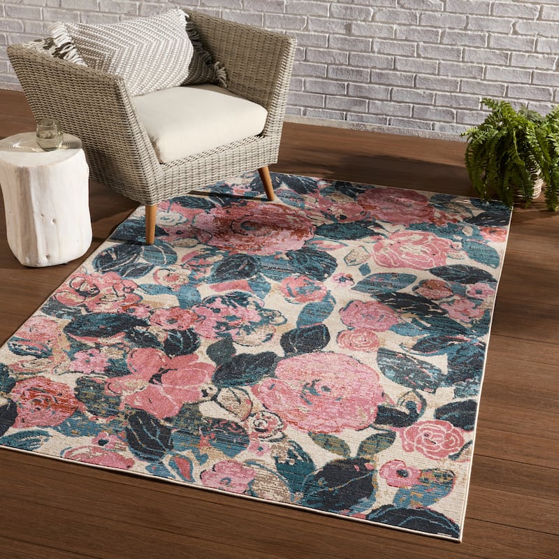 Illiana Indoor/ Outdoor Floral Pink/ Blue Area Rug