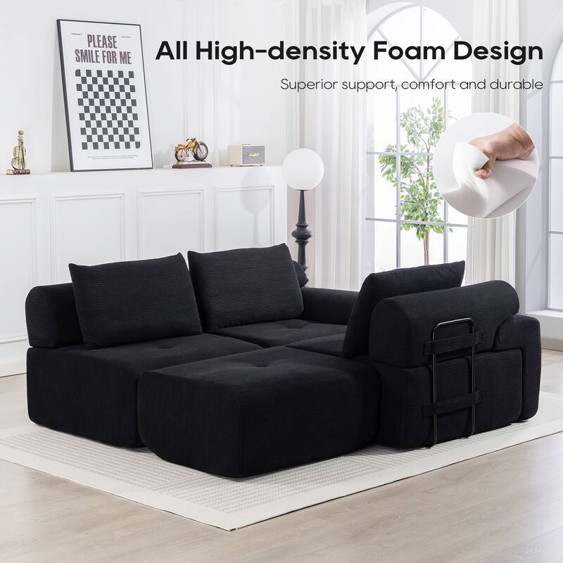 L-Shaped Sectional Convertible Sofa Bed, Corduroy Fabric, Steel Frame, Black