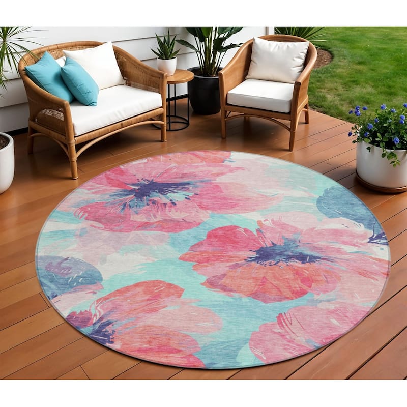 HomeRoots Floral Transitional Rectangle Outdoor Rug - 8' Round