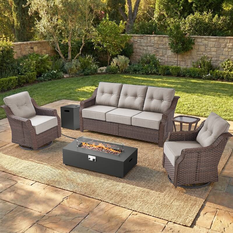 Pocassy Ptio 5 Piece Sofa Swivel Chair with Fire Pit Table - Brown Wicker Beige Cushion - 5-Piece Sofa Swivel Chair with Fire Pit Table
